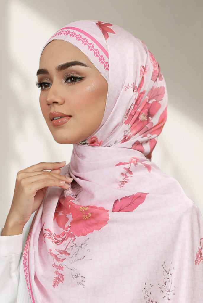 Model wearing Printed Red Floral Silk Satin Shawl - Dusty Pink