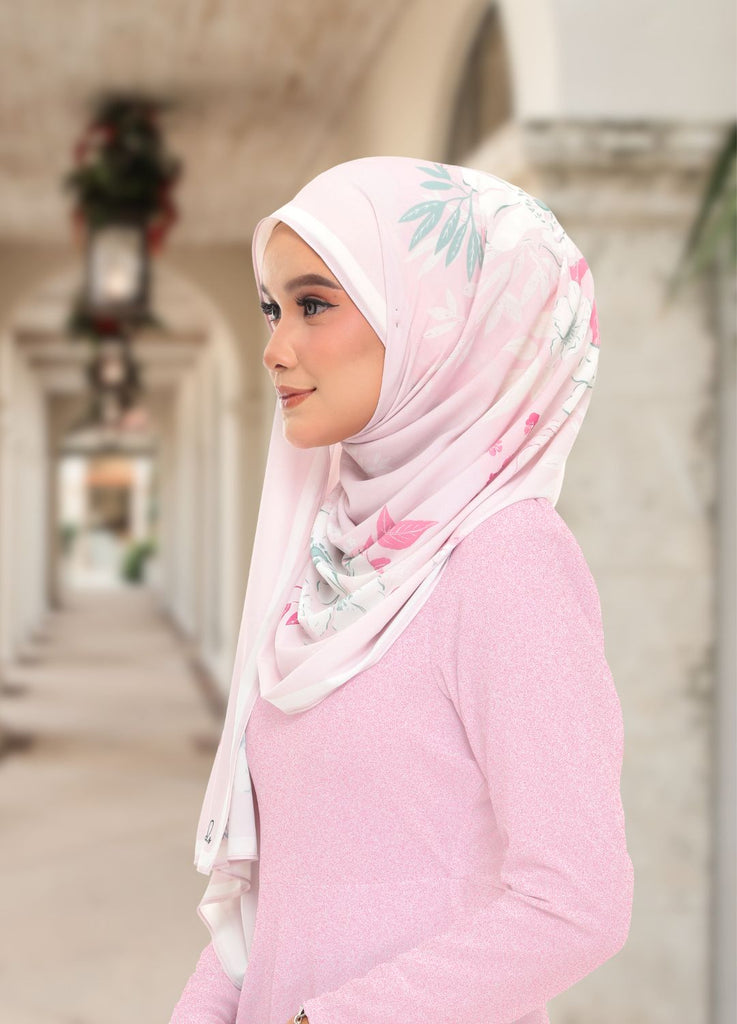 Model Wearing Printed Chiffon Shawl Side View With Background
