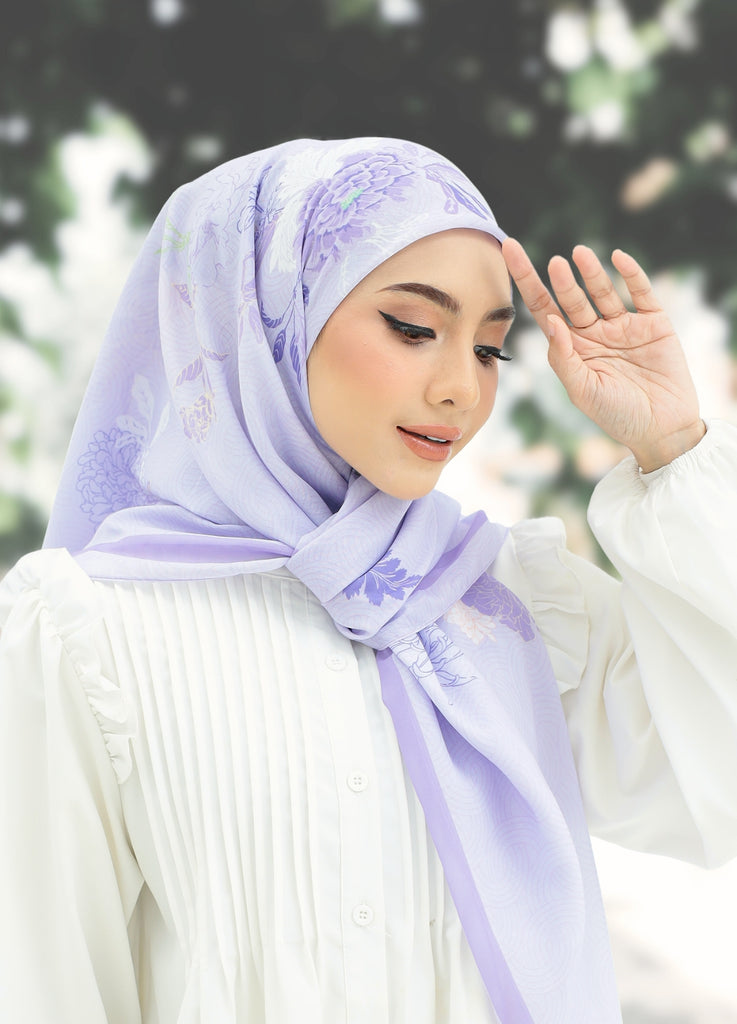 Model Wearing Printed Cotton Scarf 3/4 View With Outdoor Background