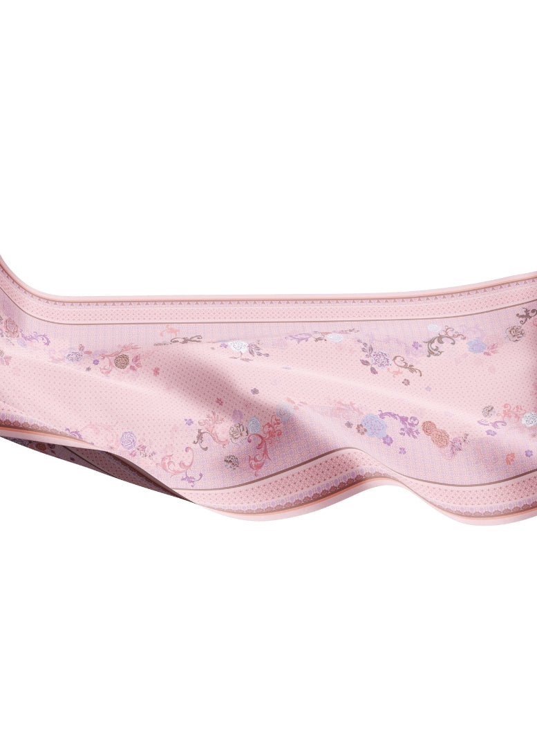 Pink chiffon shawl with intricate floral pattern on a white background