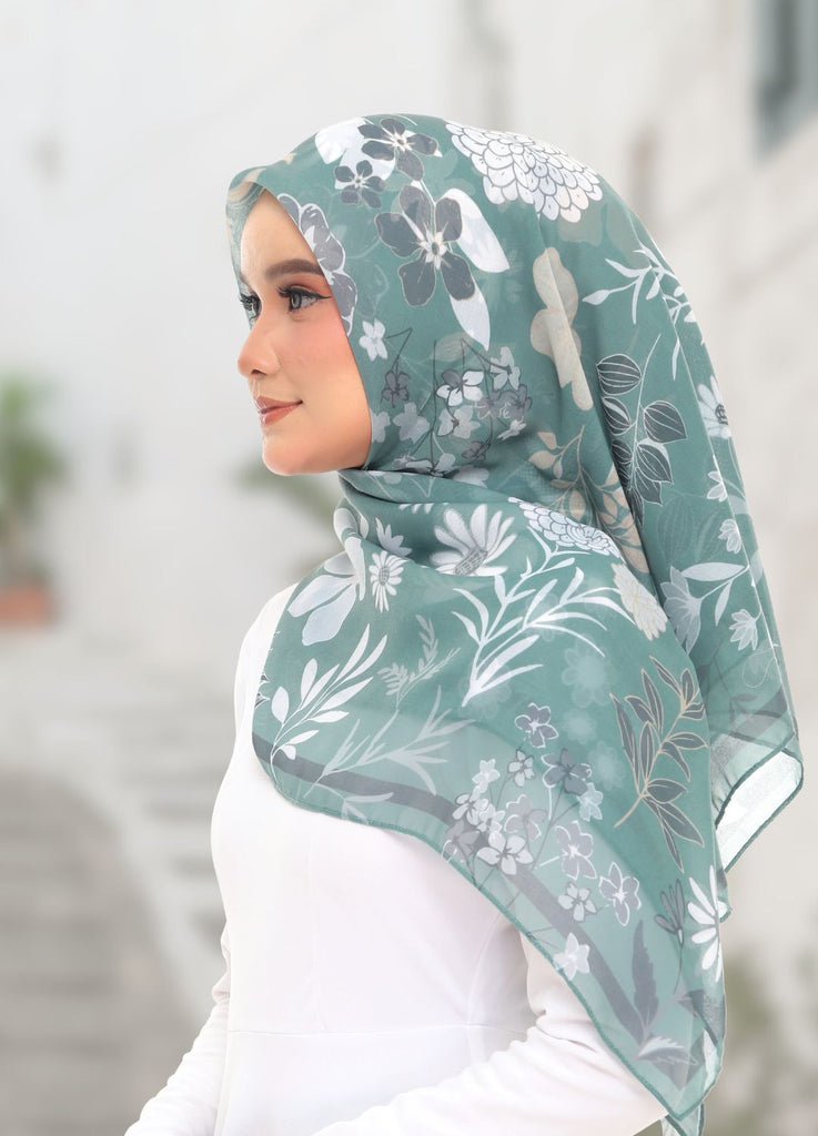 Model Wearing Printed Cotton Scarf Side View With Outdoor Background