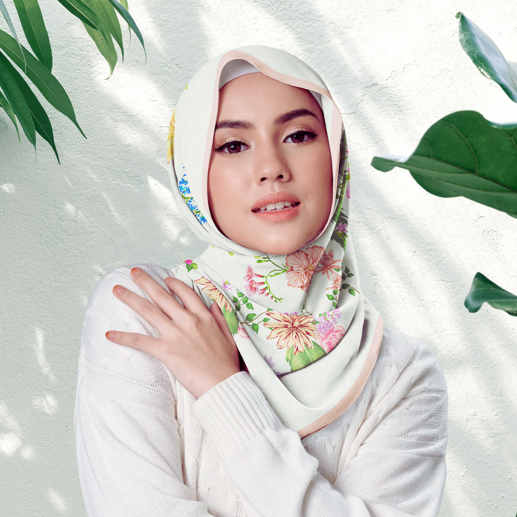 Model Wearing Printed Chiffon Tudung Front View With Nature Background