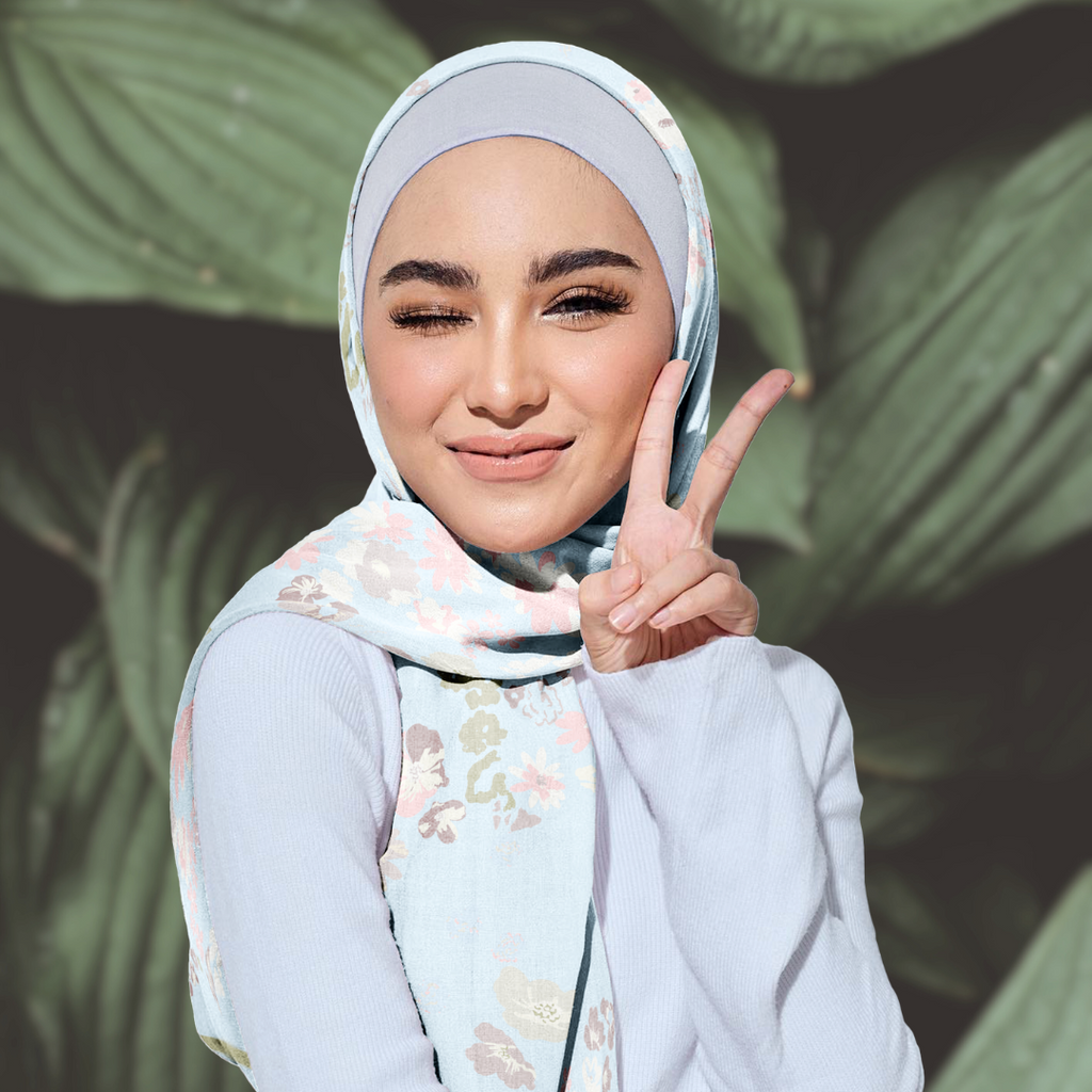 Model Wearing Printed Cotton Scarf Front View With Leaf Background
