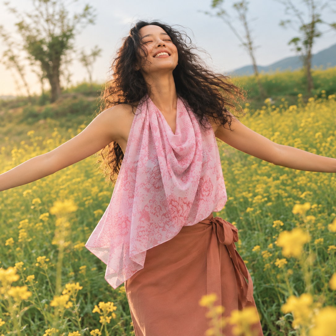 A woman stands in a sunlit field of yellow flowers with her arms outstretched, wearing a light pink patterned draped scarf and a rust-brown wrap skirt.