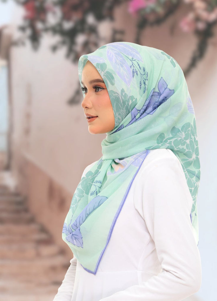 Model Wearing Printed Cotton Scarf Side View With Outdoor Background