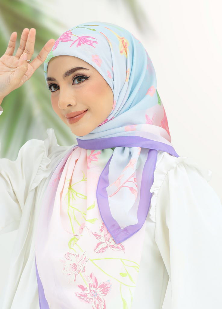 Model Wearing Printed Cotton Scarf 3/4 Front View With Outdoor Background