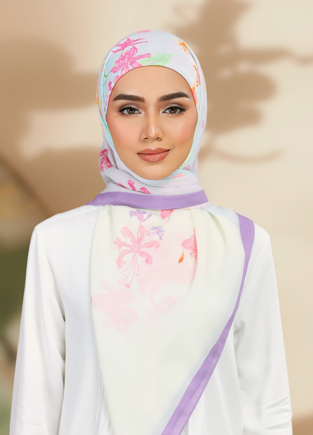 Model wearing printed vintage floral cotton voile bawal tudung scarf - lilac