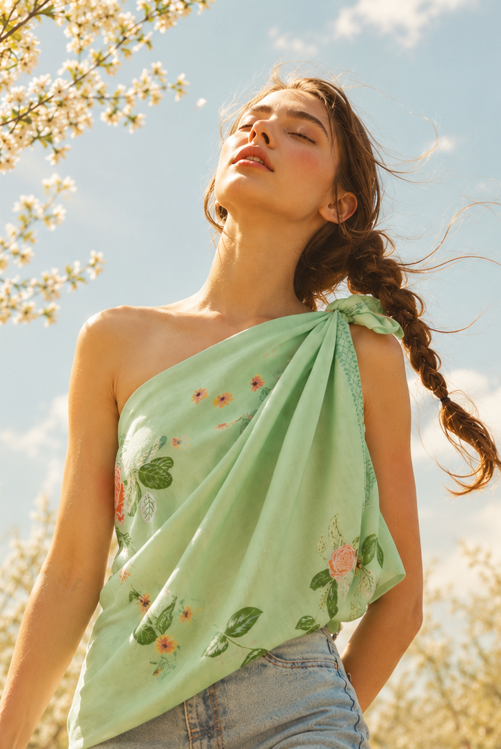 A woman outdoors wearing a light mint green one-shoulder top with a floral print, paired with light-wash denim jeans. She is surrounded by blooming white flowers and a bright blue sky with sun rays.