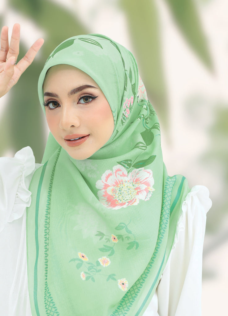 Model Wearing Printed Cotton Scarf Front View With Outdoor Background