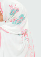 Model wearing printed chiffon shawl - white