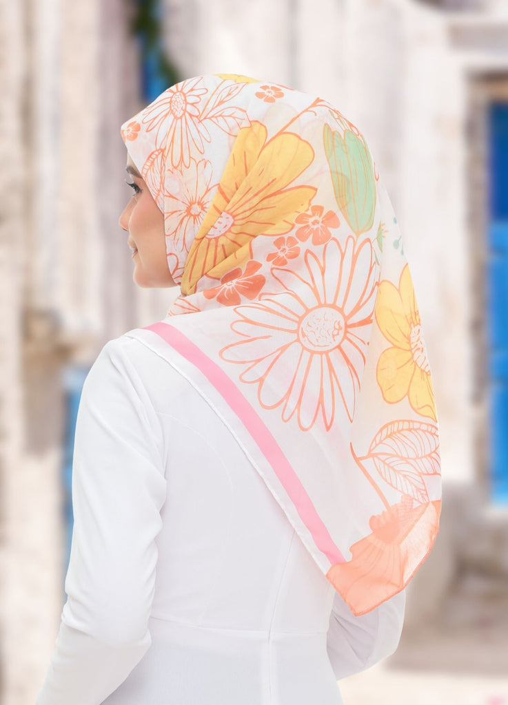 Model Wearing Printed Cotton Scarf Back View With Outdoor Background