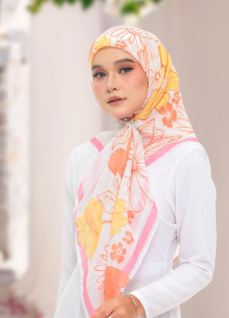 Model Wearing Printed Cotton Scarf Front View With Outdoor Background