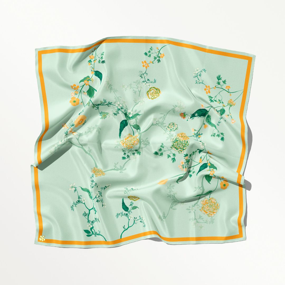 Tillie Printed Hand Drawn Floral Cotton Tudung Scarf Square - Bright Gree