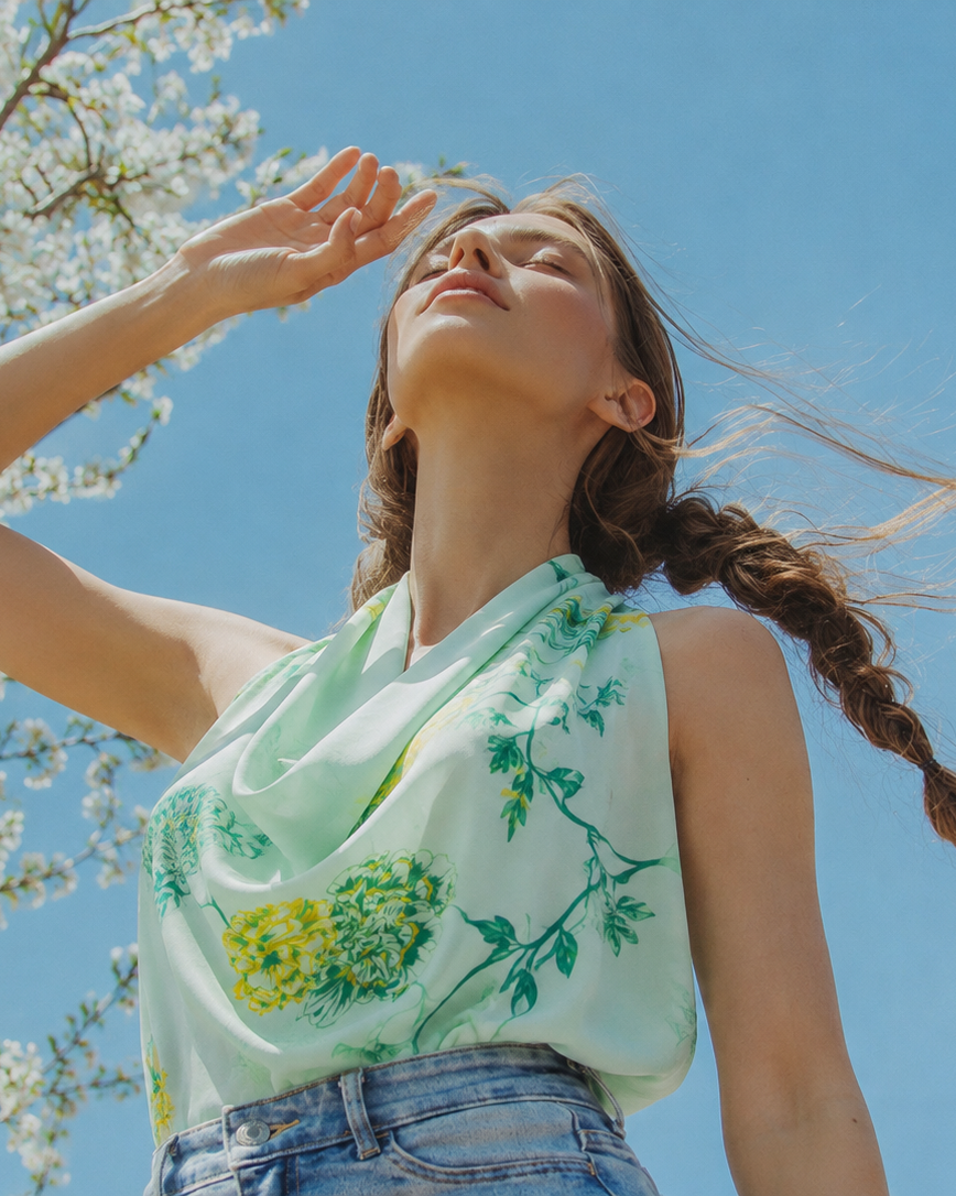 A woman outdoors under a blue sky and flowering branches, wearing a sleeveless light green top with a floral print and blue jeans.