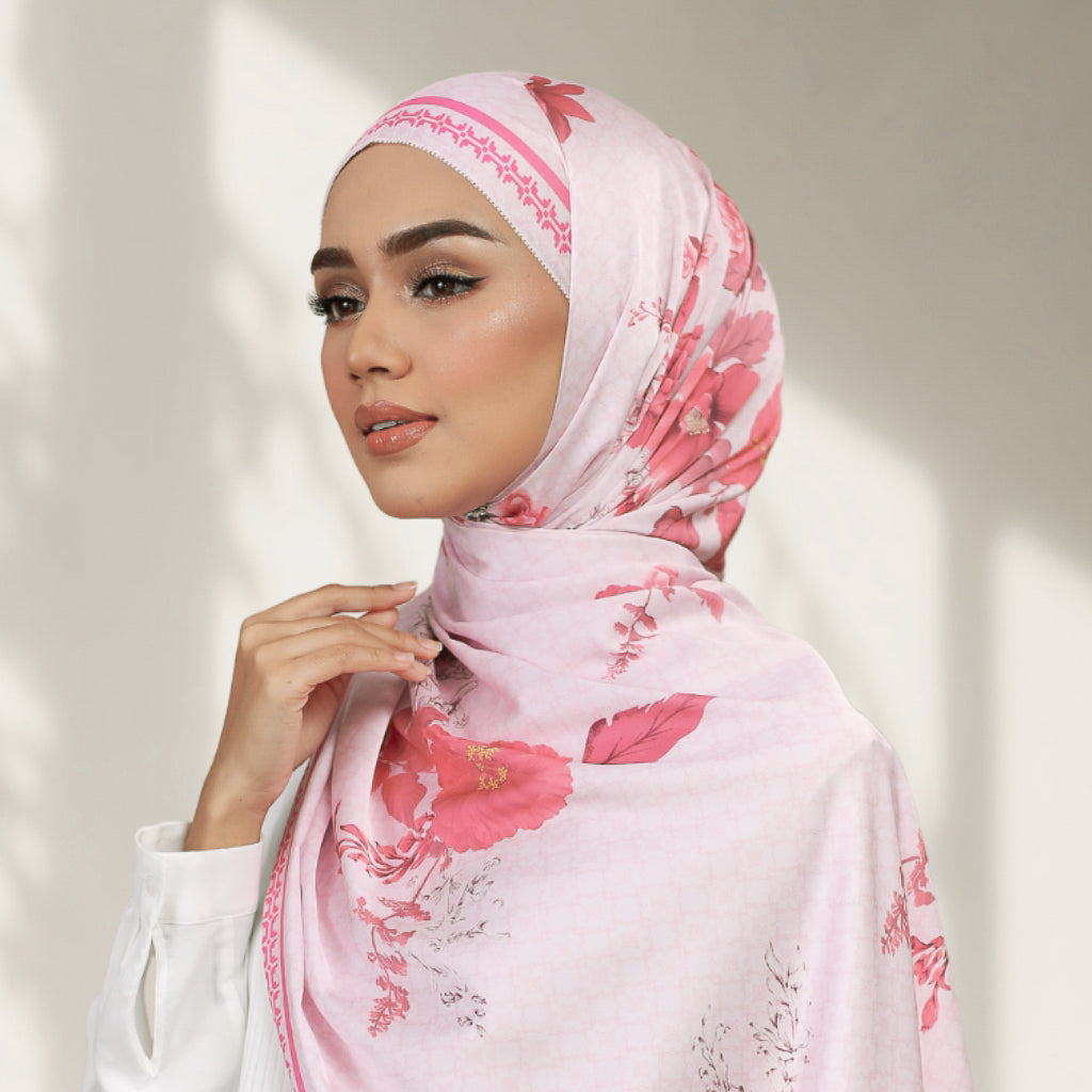 Model wearing Printed Red Floral Silk Satin Shawl - Dusty Pink