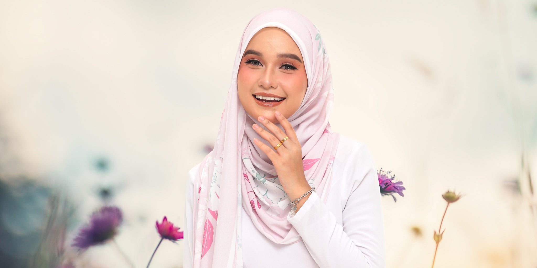 Model wearing Printed Chiffon Shawl - Pink