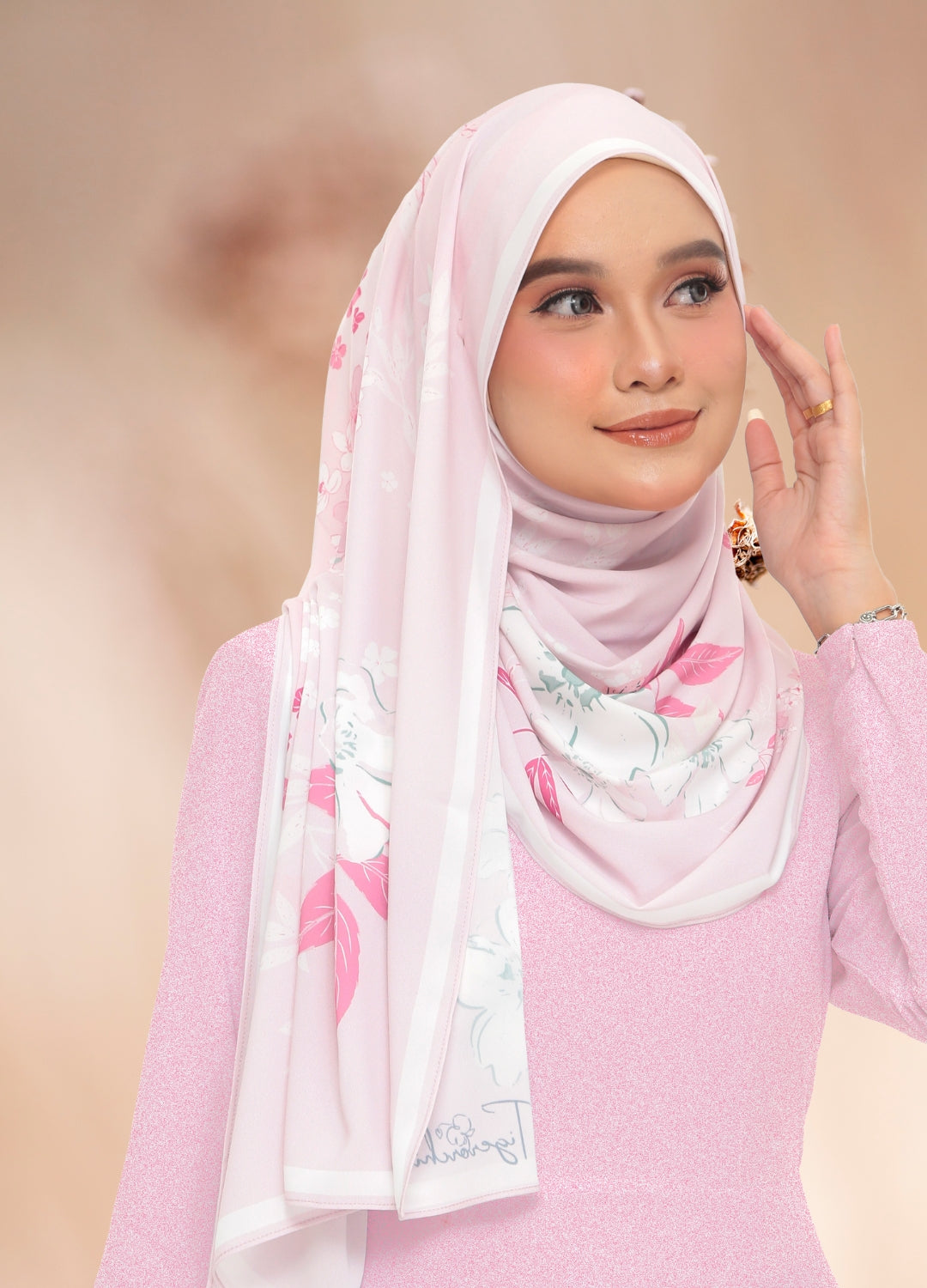 model wearing printed floral chiffon shawl pink with background