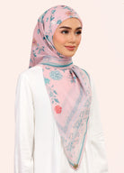 Printed botanical floral Cotton Tudung bawal pink front side view