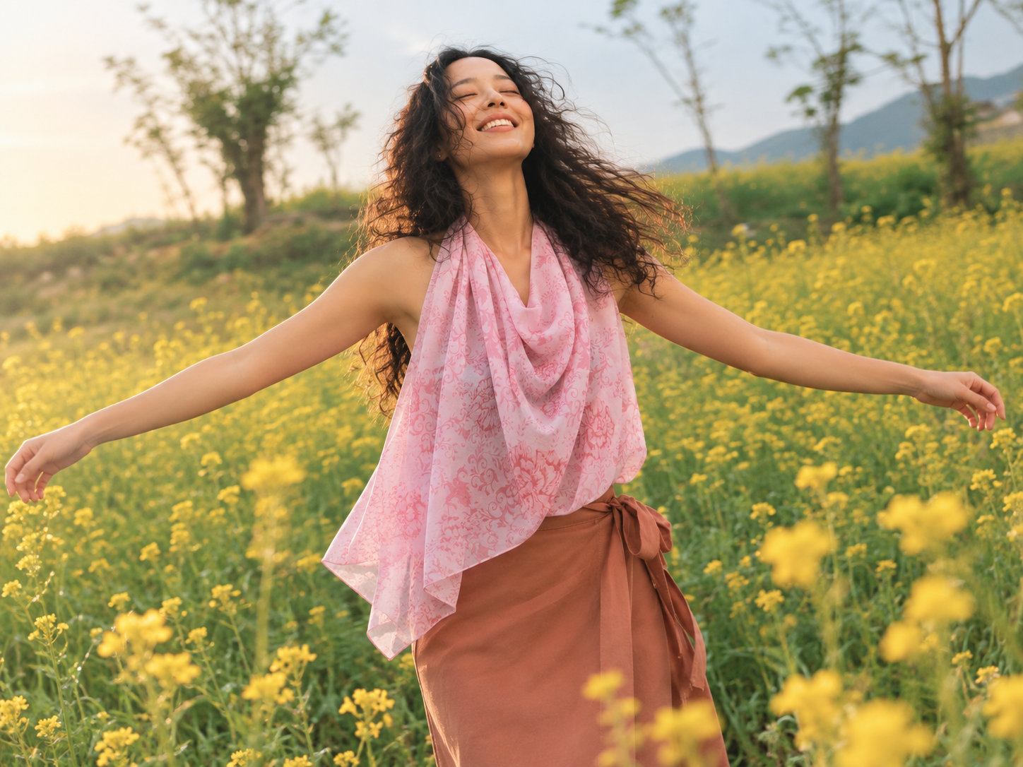 A woman stands in a sunlit field of yellow flowers with her arms outstretched, wearing a light pink patterned draped scarf and a rust-brown wrap skirt.