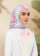 Model wearing printed vintage floral cotton voile tudung bawal - lilac