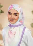 Model wearing printed vintage floral tudung bawal cotton - lilac