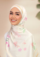 Model wearing printed floral satin shawl - beige