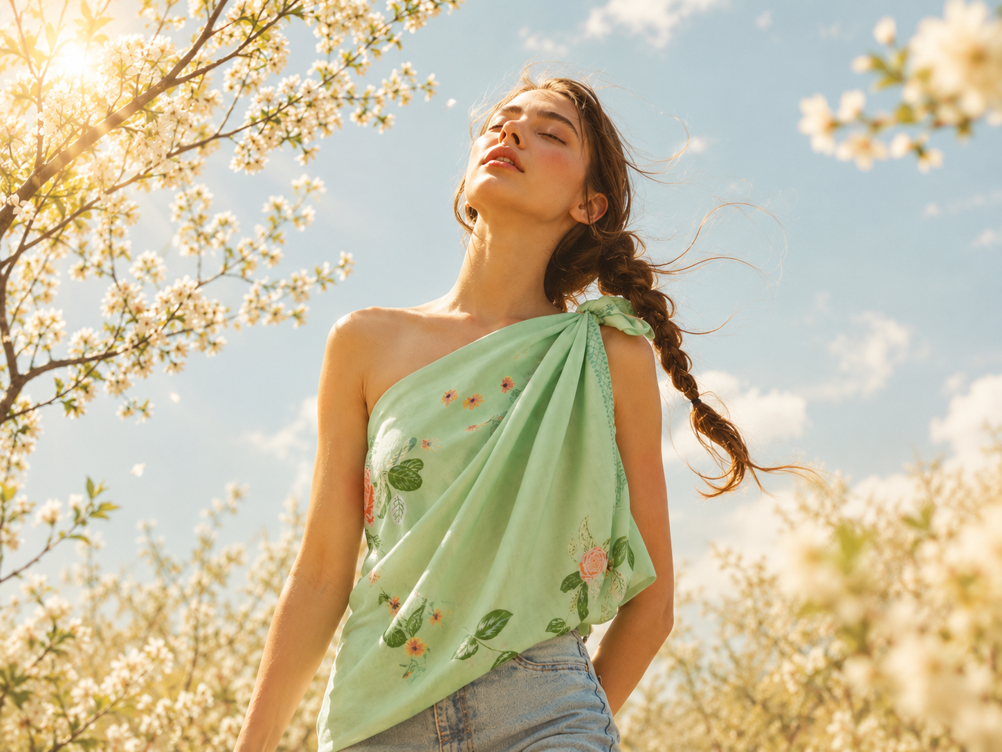 A woman outdoors wearing a light mint green one-shoulder top with a floral print, paired with light-wash denim jeans. She is surrounded by blooming white flowers and a bright blue sky with sun rays.