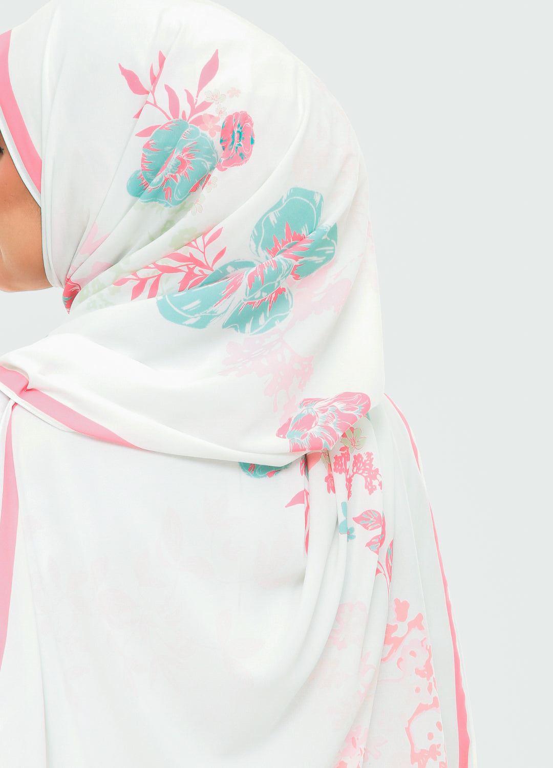 Model wearing printed chiffon shawl - white
