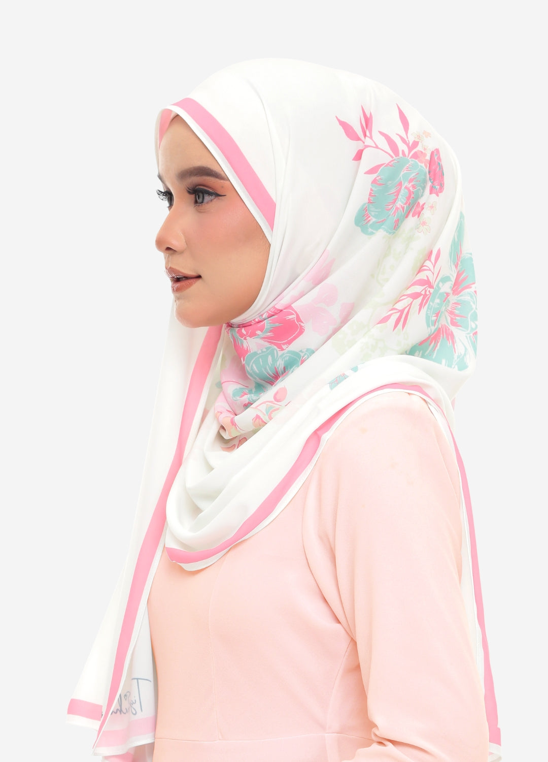 Model wearing printed shawl chiffon white side view