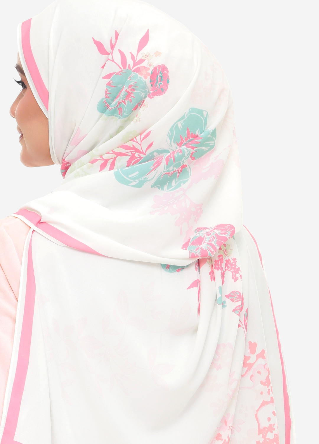 Model wearing lola printed floral chiffon shawl white back view plain background