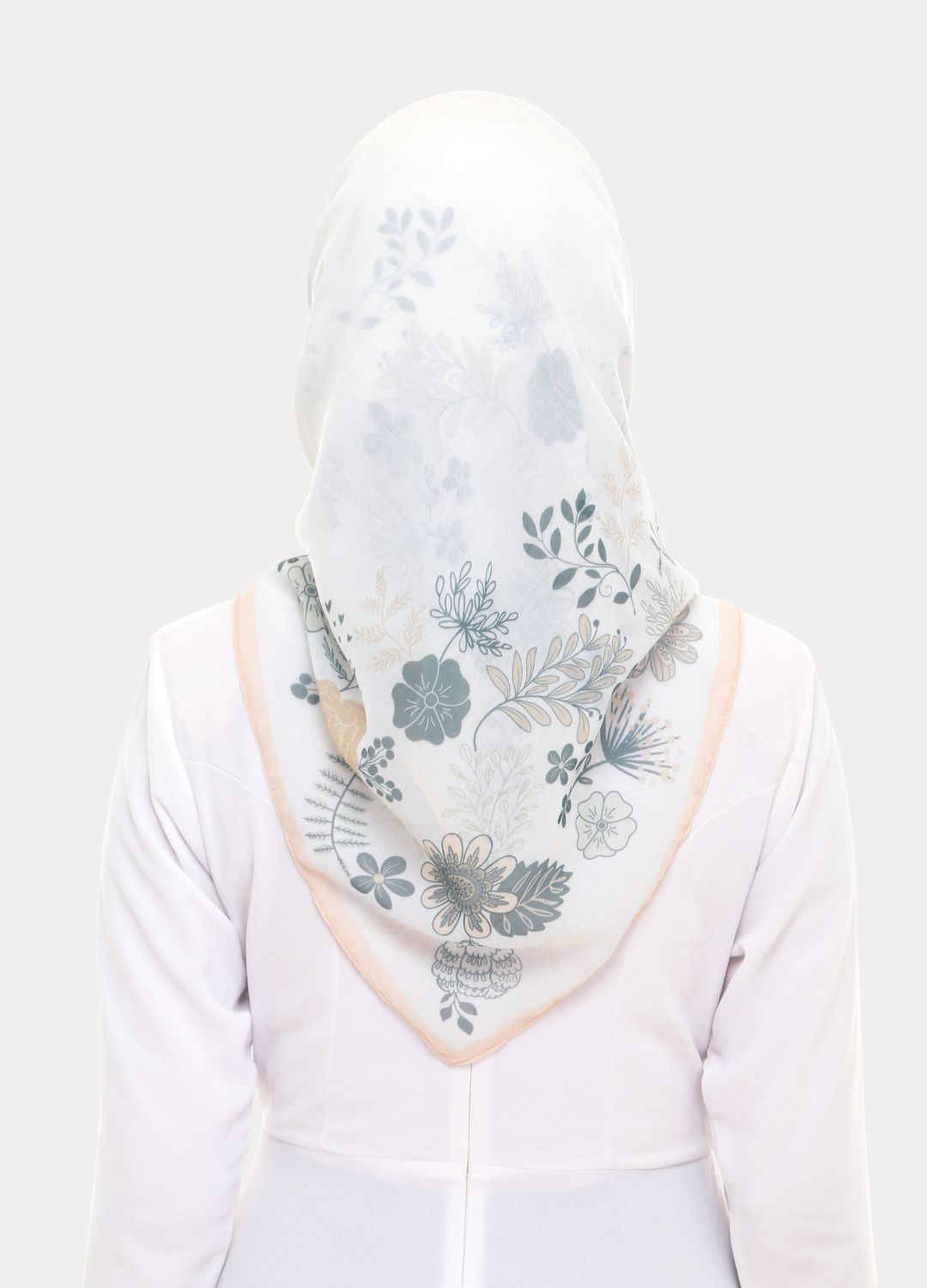 model wearing printed floral tudung bawal white