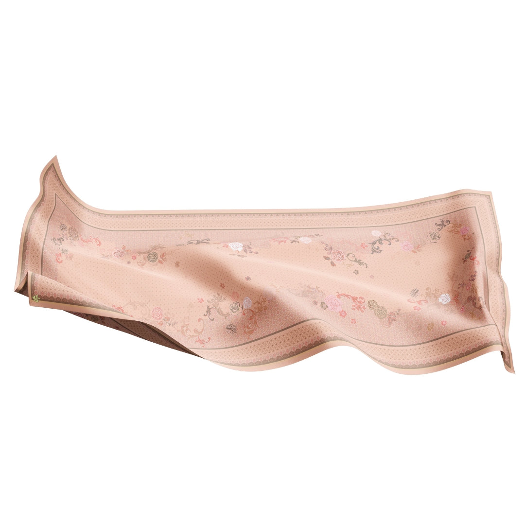 Floral-patterned with intricate floral chiffon shawl on a white background