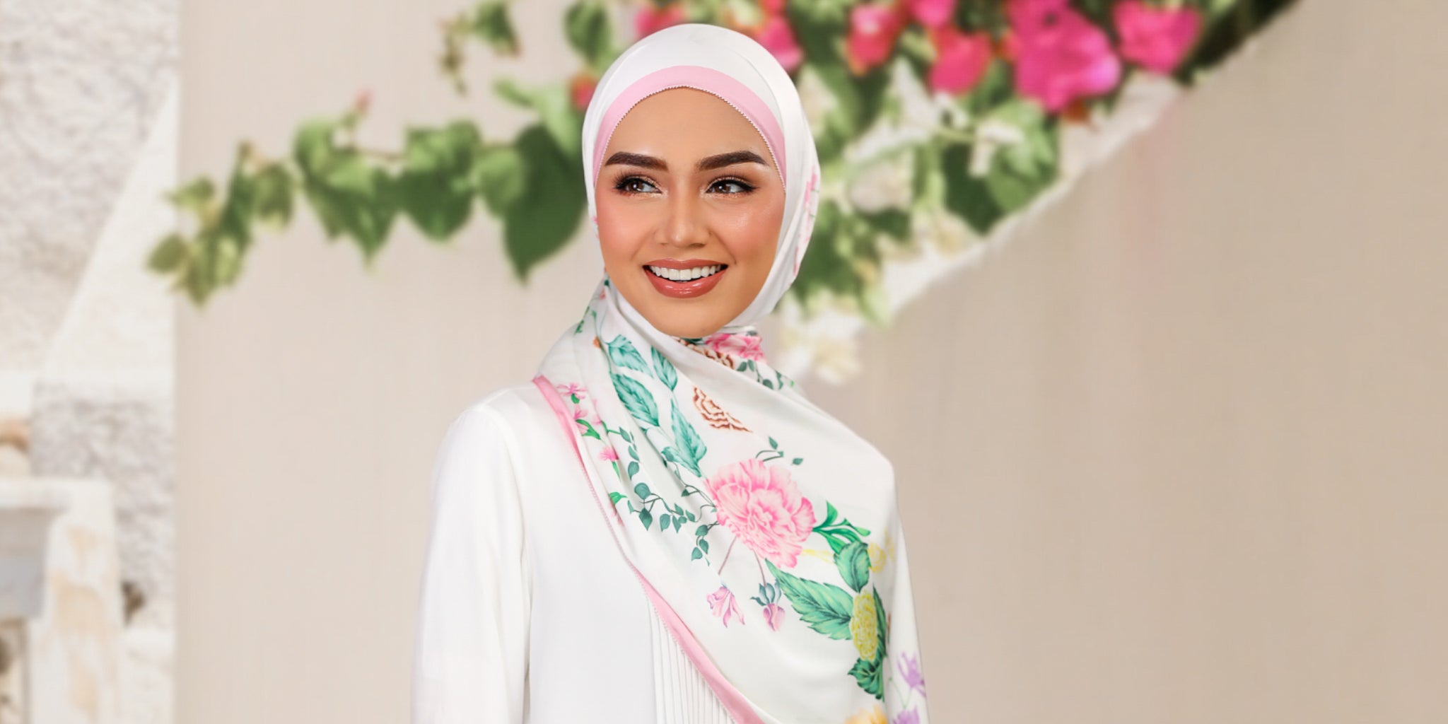 Model wearing Printed Botanical Hand Draw Floral Design Silk Satin - White