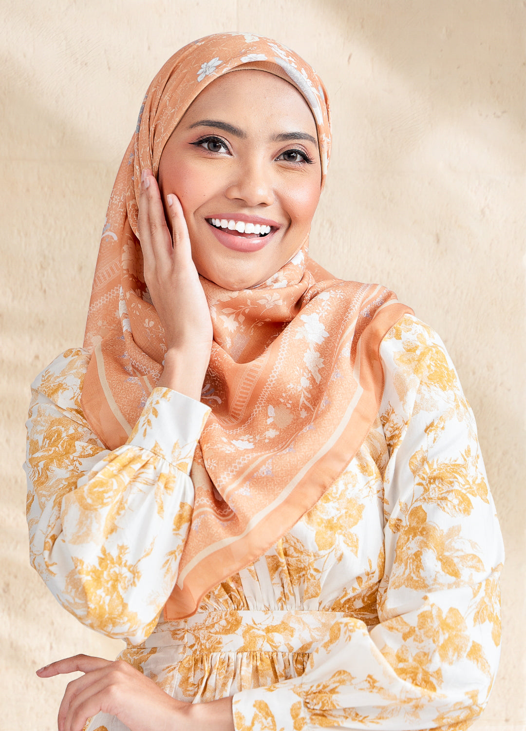 Women wearing floral hijab with blurred background