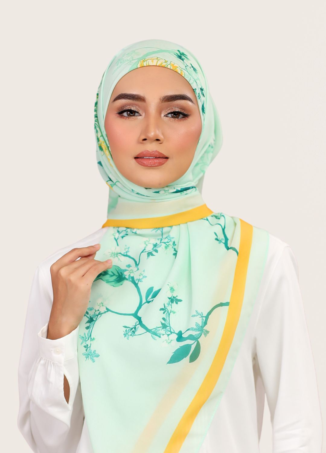 printed floral cotton tudung light green