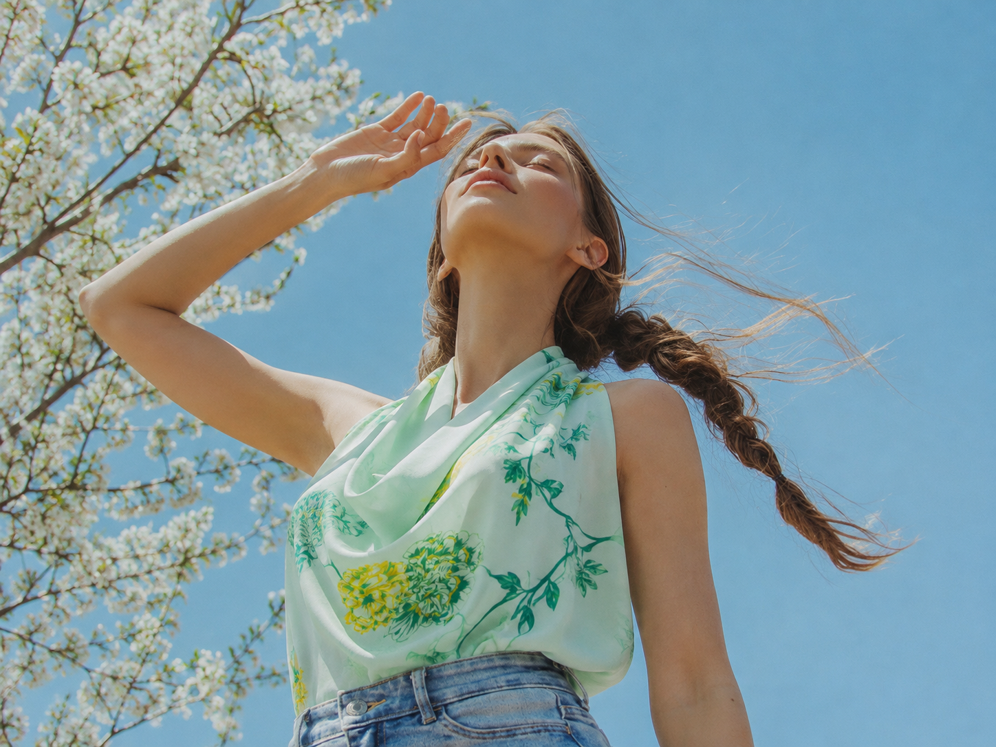 A woman outdoors under a blue sky and flowering branches, wearing a sleeveless light green top with a floral print and blue jeans.